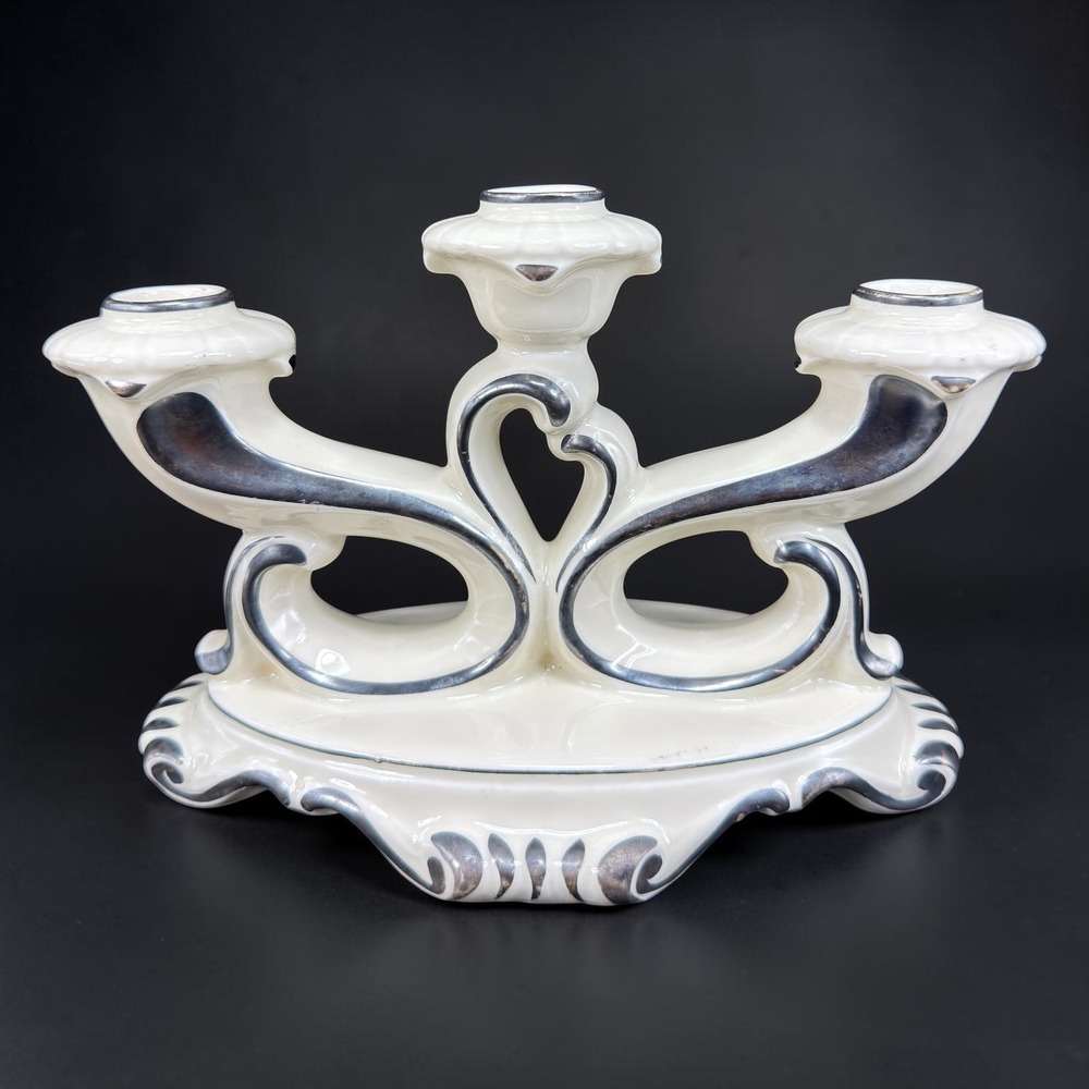 Mitterteich Bavaria Porcelain 3 Light Candelabra Silver Trim Cream 5.5x9 Vintage